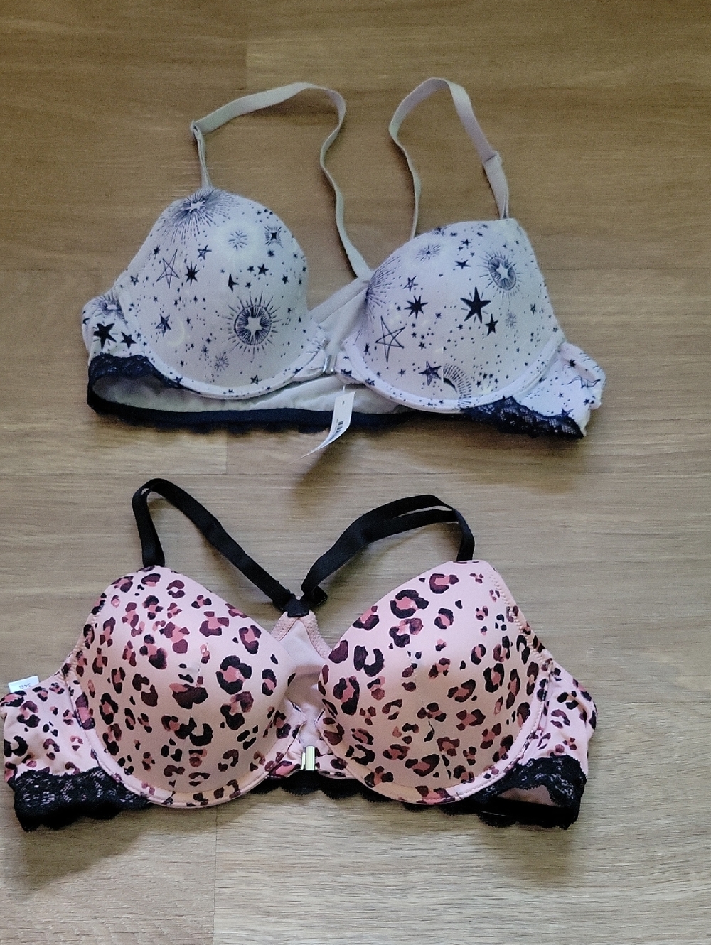 Adore Me Pink Leopard Bra with Black Lace Accents And Star Bra With Black Accent